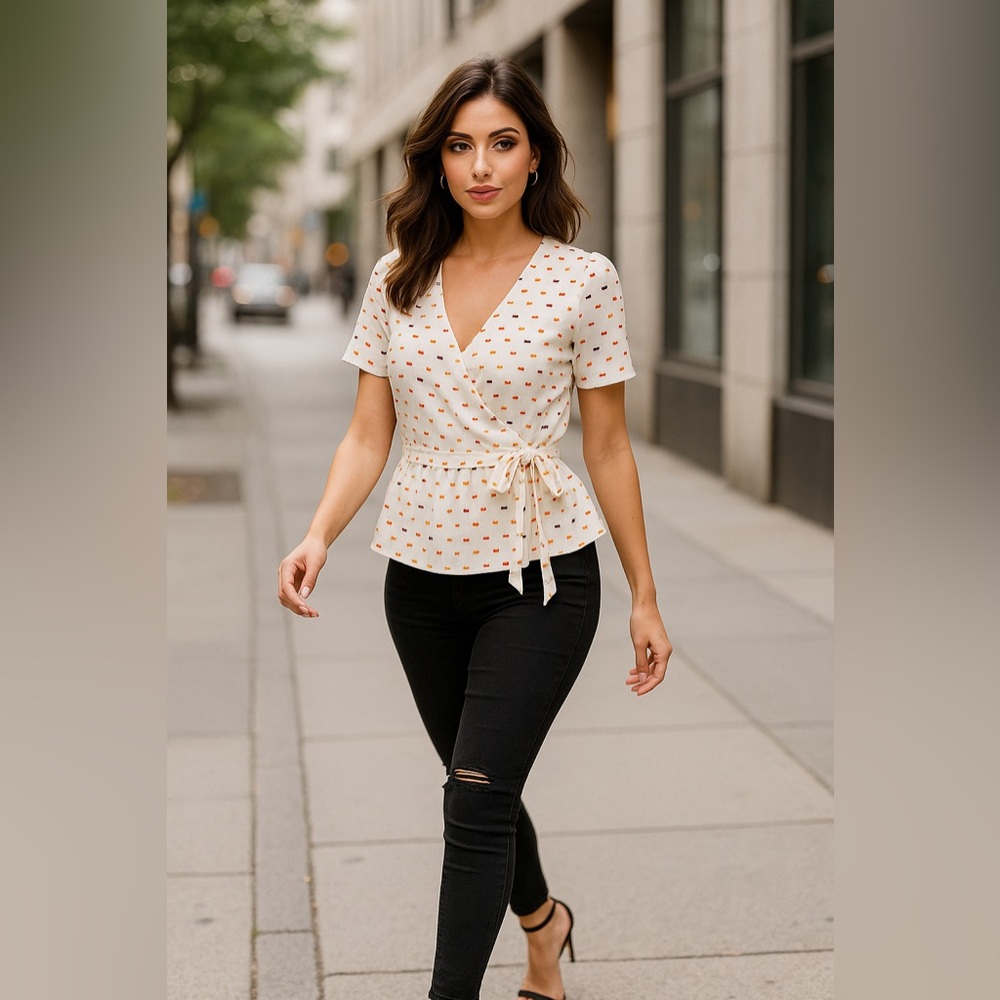 Madewell Ruffle-Hem Wrap Top in Clipdot – “Birthday Cake Clips” – Size XS